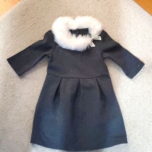 Girls grey dress with detailed bow and fluffy collar